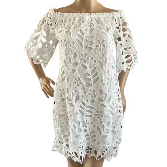 PrettyGarden | Dresses | Pretty Garden Dress White Lace Cut Out Leaf Off  Shoulder Scalloped | Poshmark